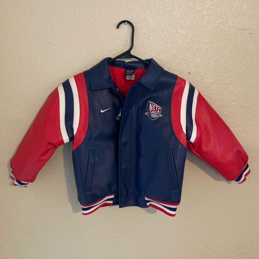Vintage Nike New Jersey Nets Quilted Leather Bomber Jacket Size 6 Youth